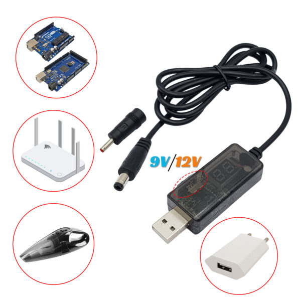 Dây USB tăng áp 5V sang đầu DC 9V/12V (sạc máy hút bụi, nguồn dự phòng WiFi)