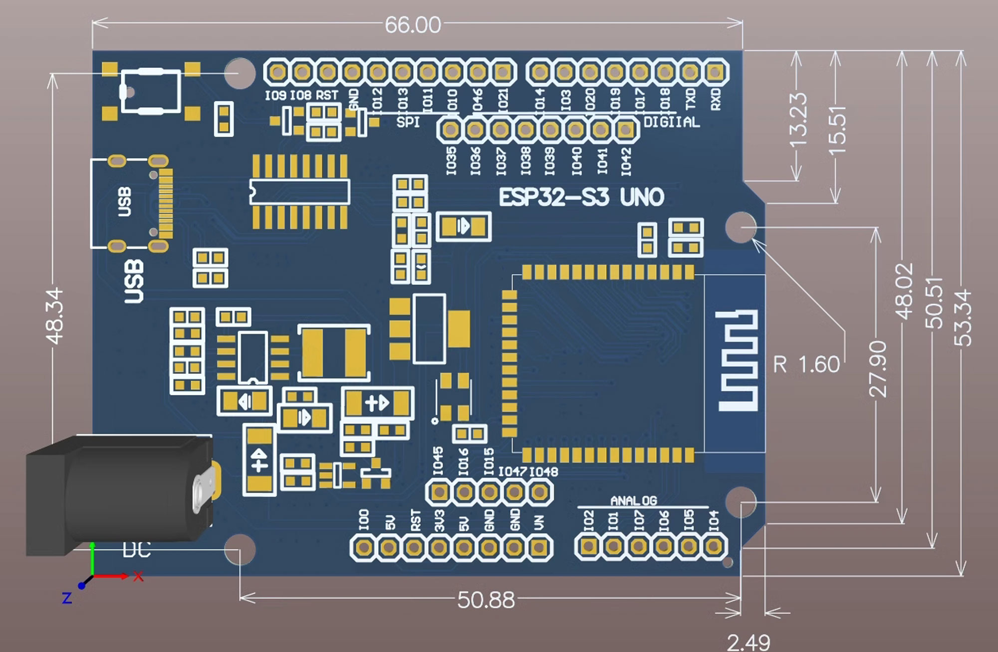 Kích thước Kit phát triển WiFi Bluetooth ESP32-S3 UNO