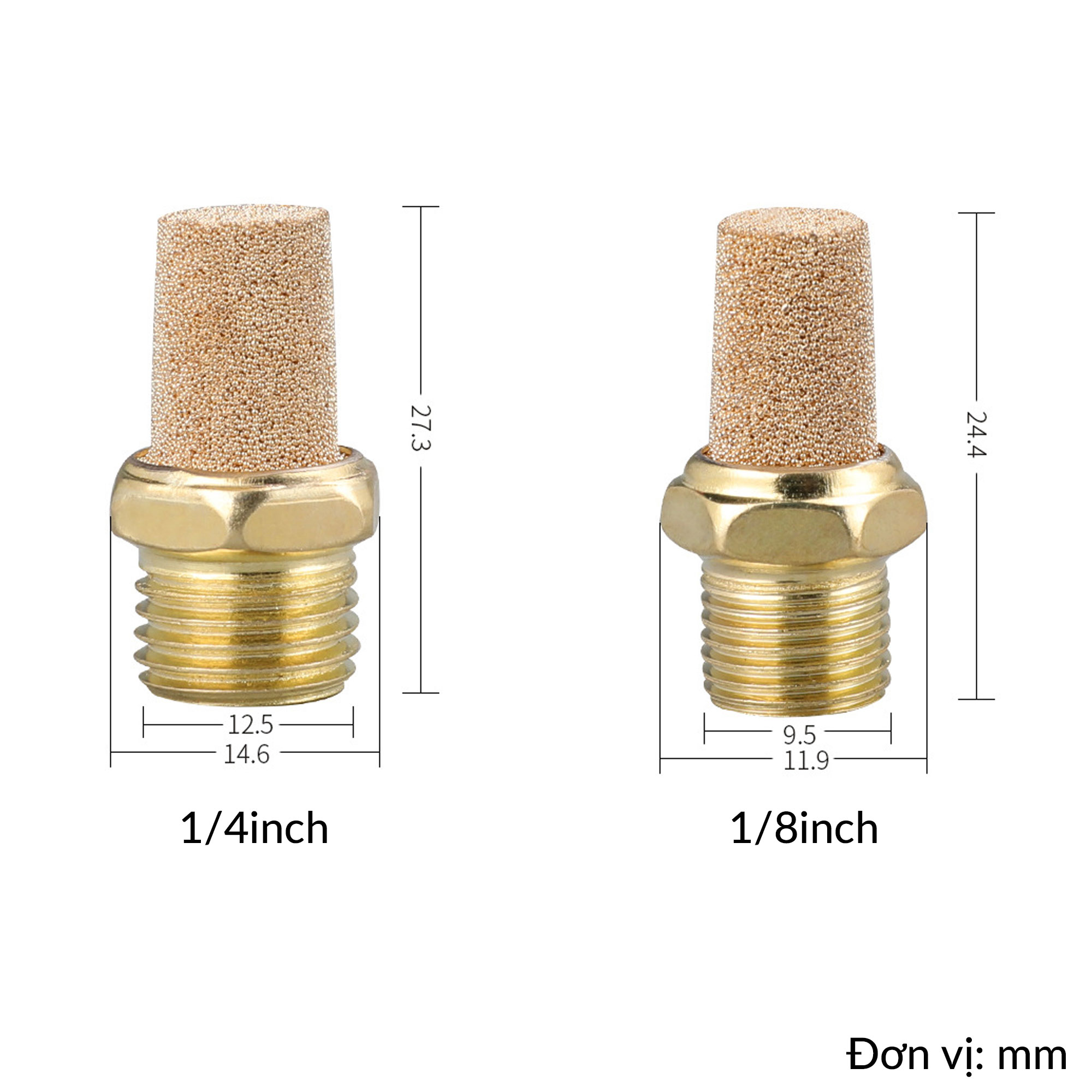 Kích thước đầu giảm thanh lọc khí nén ren ngoài 1/8 inch 1/4 inch