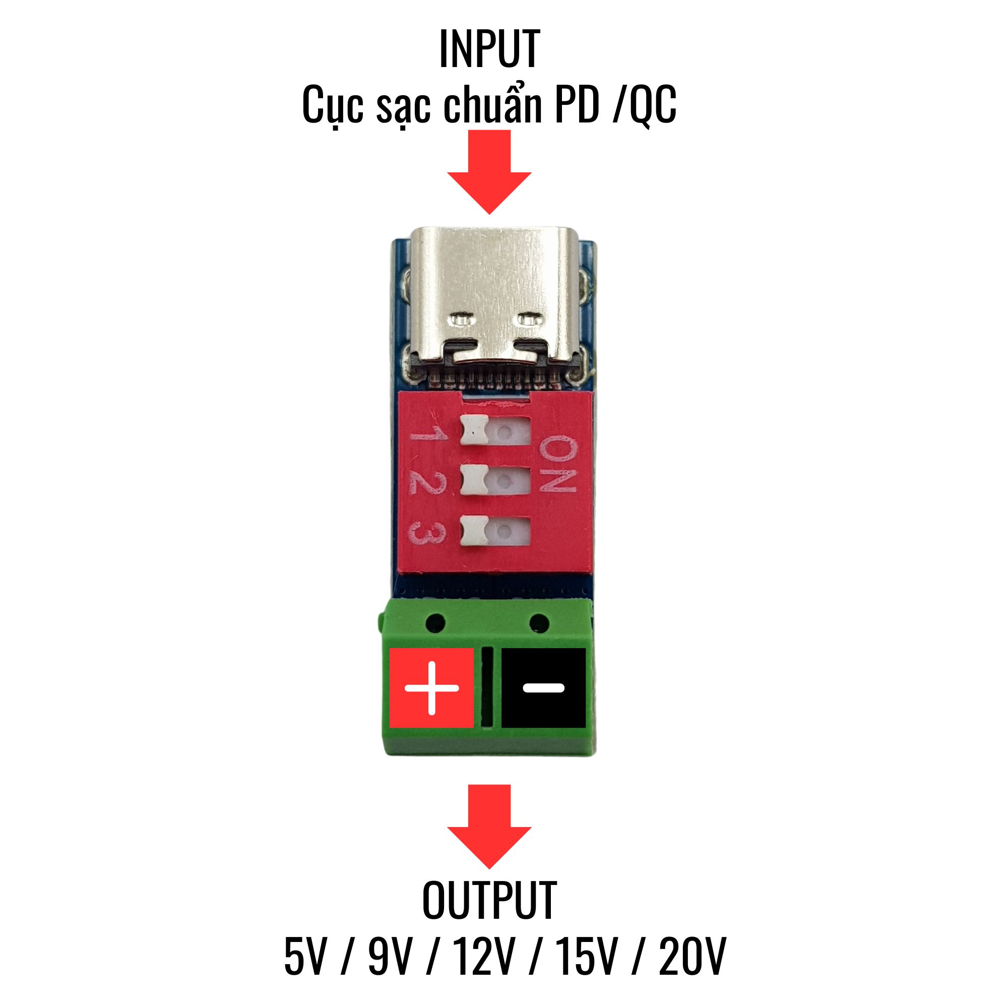 Mạch kích hoạt sạc nhanh PD/QC lấy nguồn ra 5V/9V/12V/15V/20V