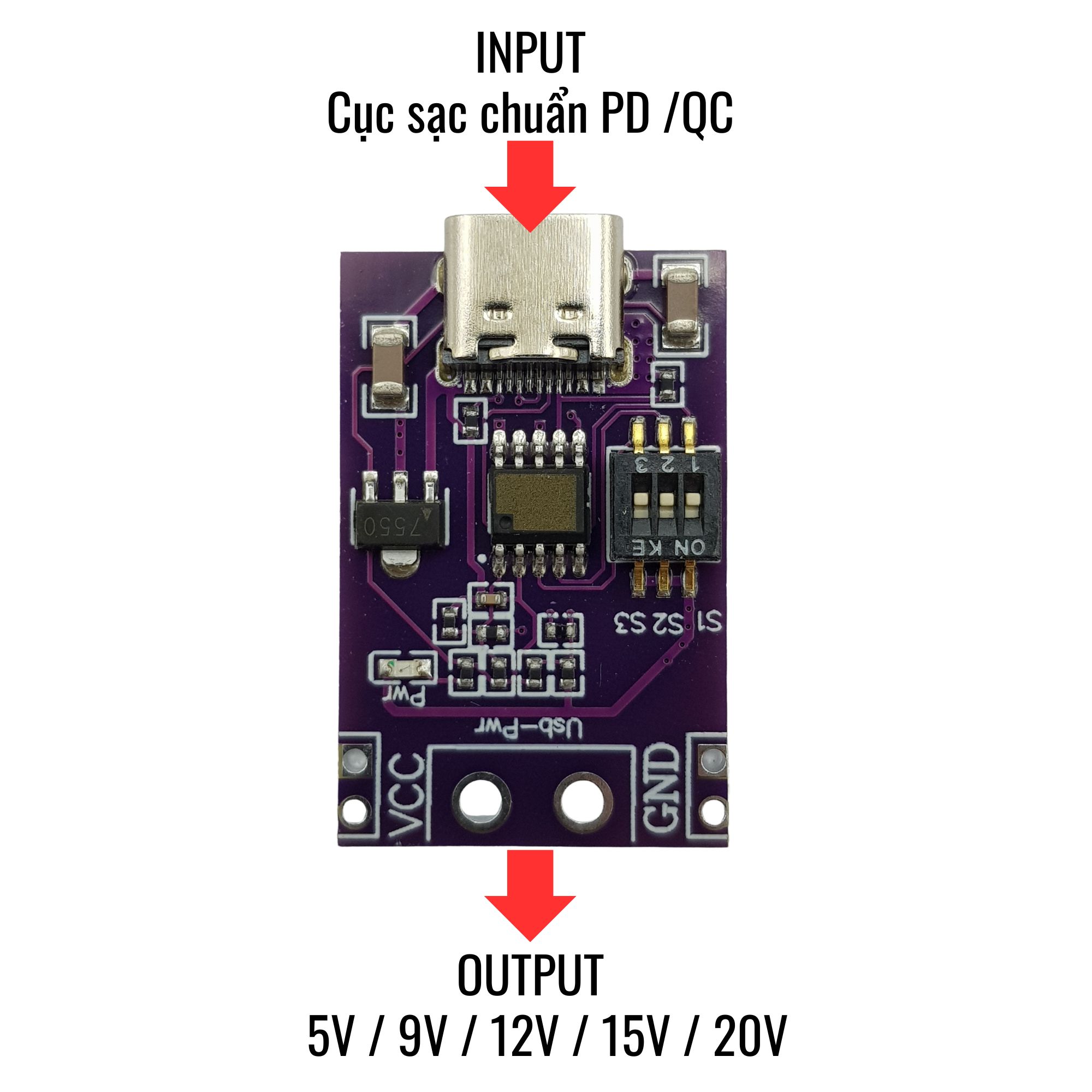 Mạch kích hoạt sạc nhanh type C PD/QC/AFC 5V/9V/12V/15V/20V