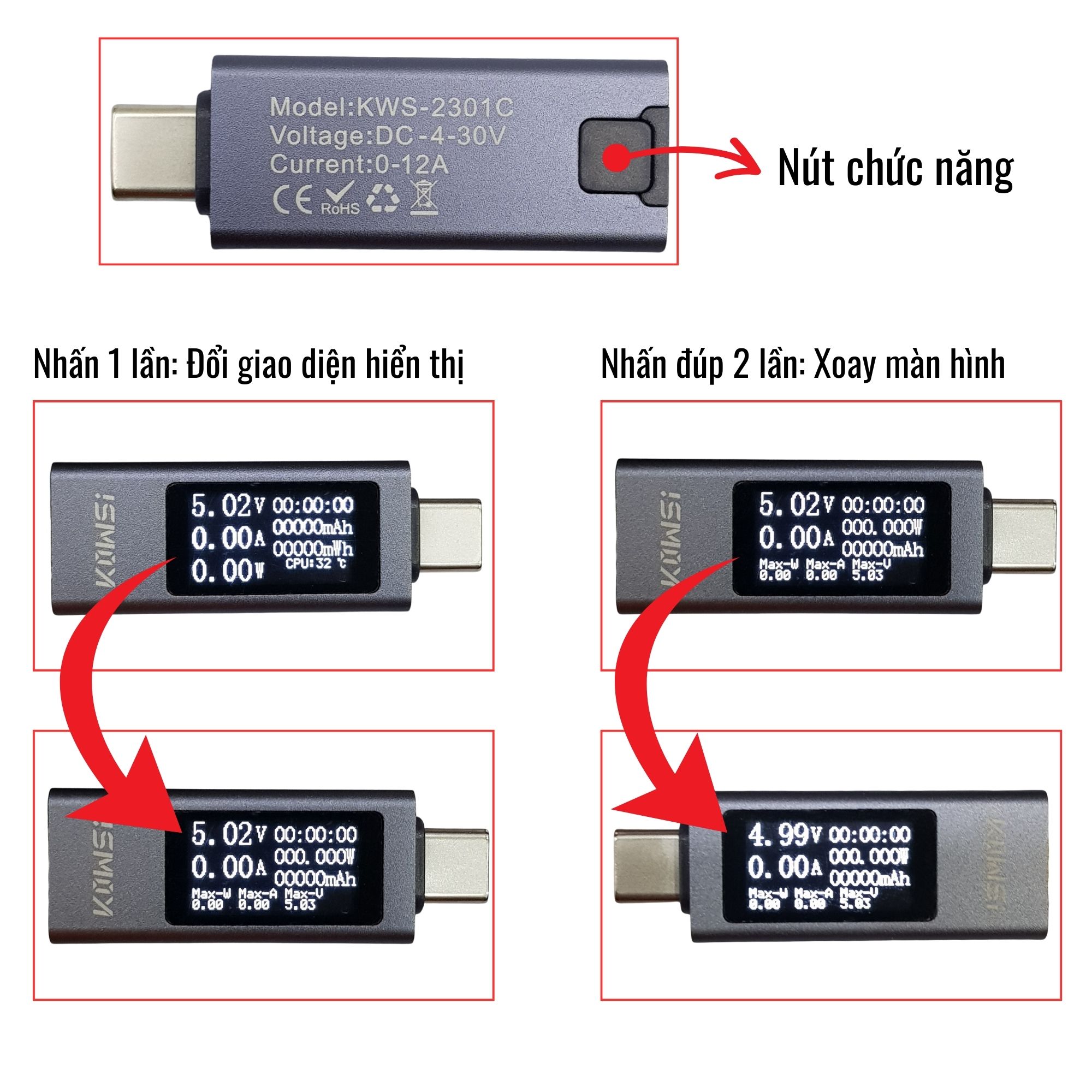 USB Tester đa năng KWS-2301C Type C