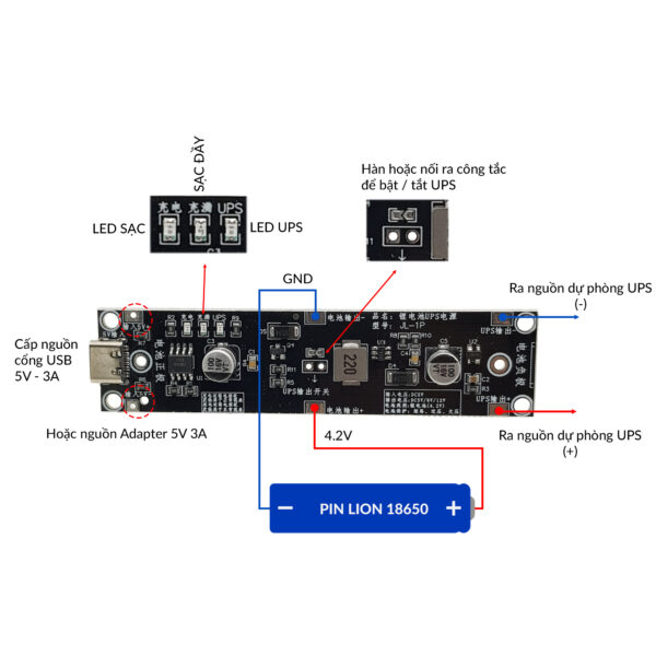 Mạch Sạc Type-C 18650 15W - Tăng áp cho nguồn dự phòng UPS (5V/9V/12V)